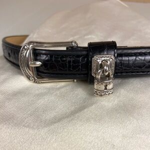 Brighton Black Croc Embossed Leather Belt w/ Lock Charm Silver Buckle Sz 28